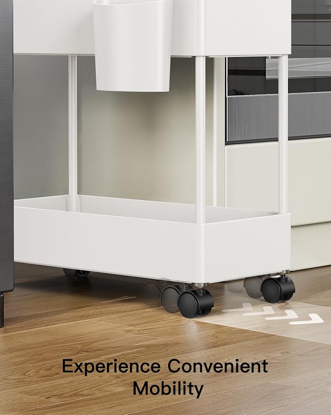 Pipishell Slim Storage Cart with Wheels, Bathroom Cart Organizer Small, Rolling Cart for Bathroom, Laundry Room, Kitchen, Narrow Space, White PIUC04W, 7.08/''D X 15.7/''W X 25.2/''H - LeafyLoom