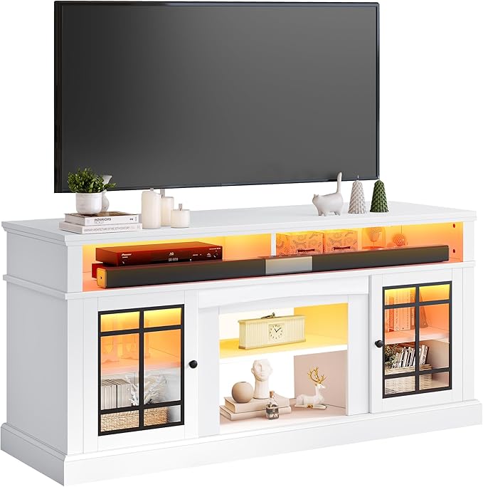 YITAHOME White TV Stand for 75/65 Inch TVs, 32'' Tall Mid Century Modern TV Cabinet with Adjustable Shelves and Glass Doors, Modern Entertainment Center TV Media Console Table for Living Room - LeafyLoom