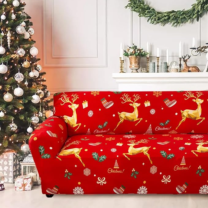 Mybedsoul Christmas Printed Red Sofa Cover Reindeer Printed Elastic Couch Cover Machine Washable Christmas Theme Red Sofa Slipcover for Living Room(3 Seater/Loveseat) Mybedsoul