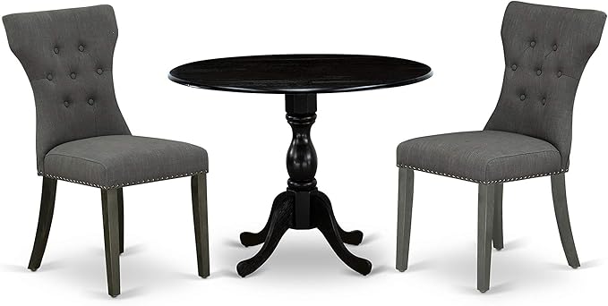 East West Furniture DMGA3-ABK-50 3 Piece Dinette Set for Small Spaces Contains a Round Dining Table with Dropleaf and 2 Dark Gotham Linen Fabric Parson Chairs, 42x42 Inch, Wirebrushed Black - LeafyLoom