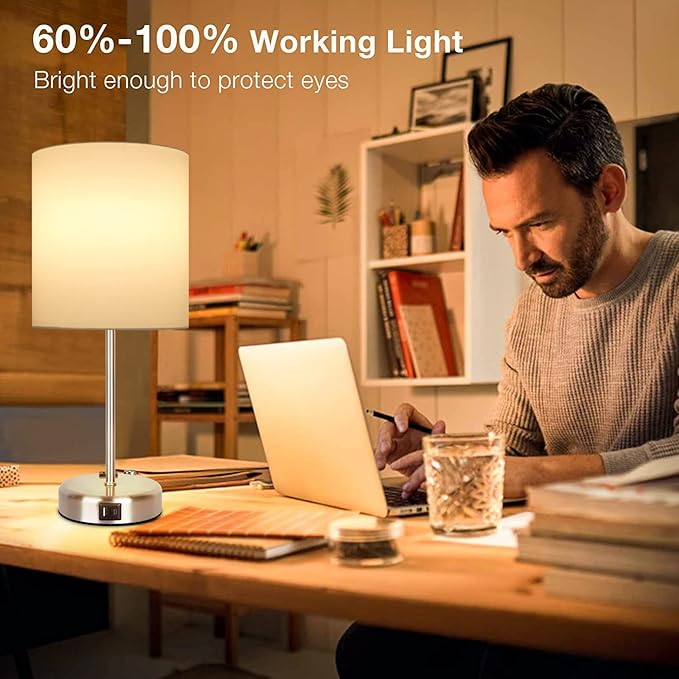 Bedside Touch Control Lamps for Bedroom Set of 2-3 Way Dimmable Table Lamp with USB A+C Charging Ports, Nightstand Lamp for Living Room Office, Bed Side Light with E26 LED Bulbs. - LeafyLoom