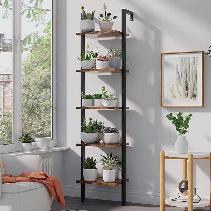 YMYNY 5 Tiers Ladder Bookcase, Industrial Wall Mounted Bookshelf, Open Display Rack with Metal Frame, Wooden Storage Shelves for Bedroom, Home Office, Plant Stand, Rustic Brown, 70*17.3*11.8"UHBC015H - LeafyLoom