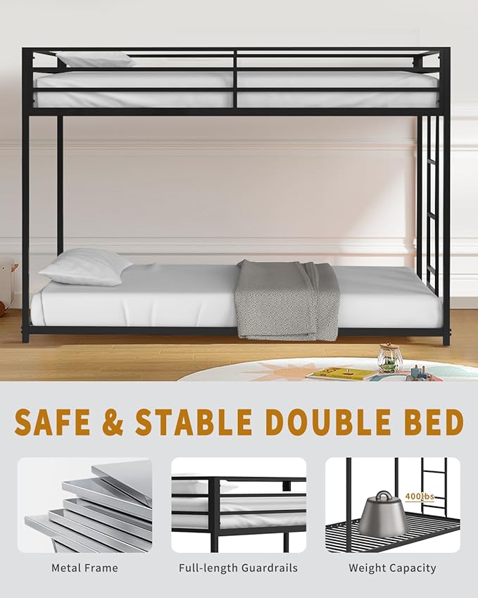 Twin Over Twin Bunk Bed - LifeSky Metal Low Profile Bunkbed with Side Ladder Black - LeafyLoom