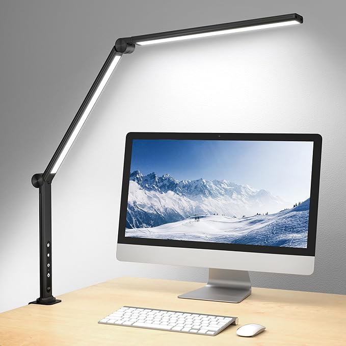 ShineTech LED Desk Lamp with Clamp, Architect Desk Lamp with Dual Light and Adjustable Swing Arm, 4 CCT Modes & 5 Brightness Levels Desk Light - LeafyLoom