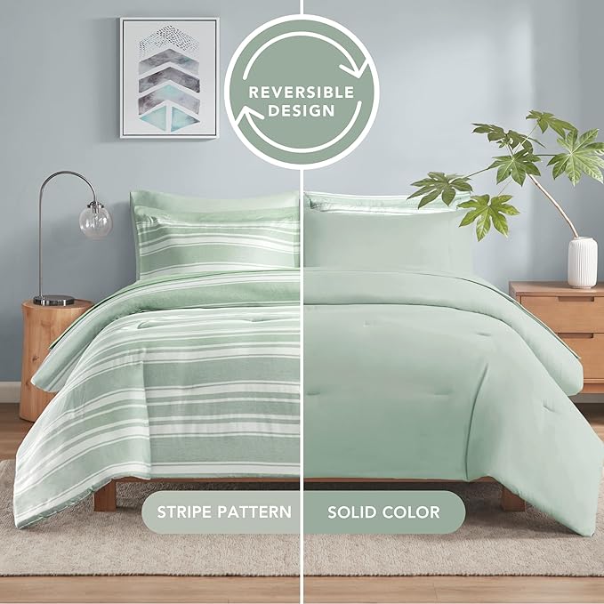 Codi Full Size Comforter Set with Sheets, Sage Green Bed in a Bag for Teen, 7 Piece Striped Bed Sets for All Seasons with 1 Comforter, 2 Pillow Shams, Flat Sheet, Fitted Sheet and 2 Pillowcases - LeafyLoom