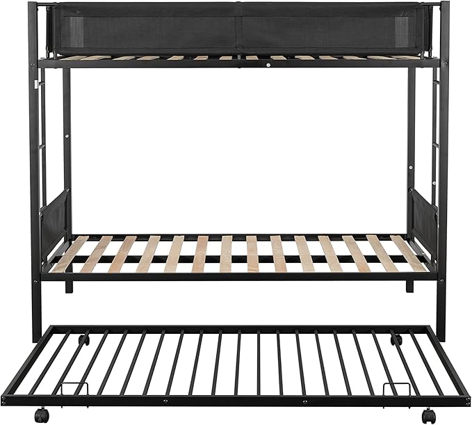 Twin over twin bunk bed with Trundle,Sturdy Metal Frame,Noise-Free Wood Slats,Comfortable Textilene Guardrail, 2 side Ladders,Space-Saving-Trundle,Bunk-Bed for Three,No Box Spring Needed,Black - LeafyLoom