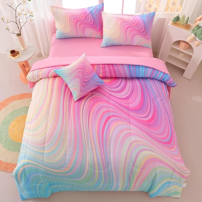 Girls Full Bedding Sets, 6 Pcs Pink Full Szie Comforter Set with Sheets, Tie Dye Superior Blue Pink Rainbow Bedding Set for Girls Kids - LeafyLoom