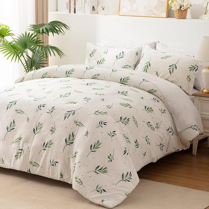 EMME Twin Comforter Set - Sage Green Floral Bedding Sets 5 PCS with Nature Leaves Pattern, Soft Leaf Printed Botanical Bed Set with Sheets, Fluffy Bed Bag for All Season(68"X90") - LeafyLoom