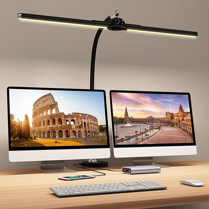 Megainvo LED Desk Lamp with Clamp, 24W Desk Light w/Timer & USB Charging for Home Office, Eye-Care Desk Lamps 5 Color Modes Stepless Dimming Adjustable Table Light for Monitor Work Study Reading - LeafyLoom