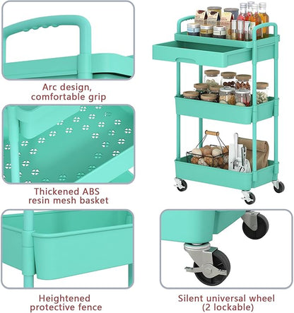 3-Tier Rolling Cart，Trolley with Drawer, Kitchen Storage Organizer with Plastic Shelf & Metal Wheels, Storage Cart for Living Room, Kitchen, Office, Bathroom, Green - LeafyLoom