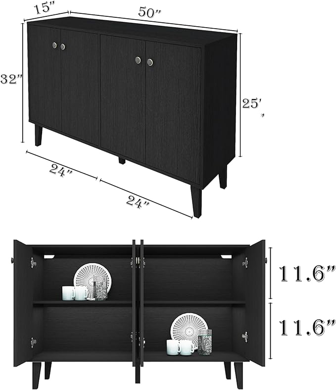 Buffet Cabinet with Storage,Kitchen Sideboard Buffet with 4 Doors Console Table,Modern Sideboard for Dinning Room,Living Room(Black) - LeafyLoom