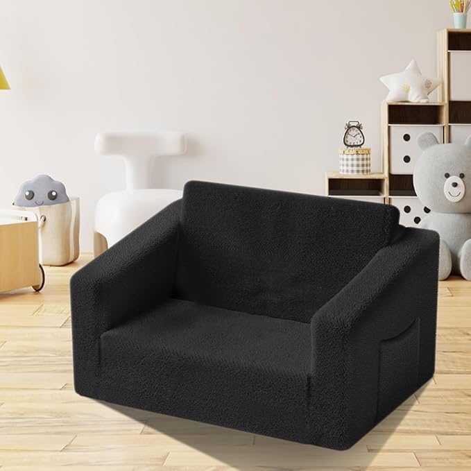 Kids Couch,2-in-1 Toddler Chairs for Boys,Kids Sofa with Storage,Comfortable Kids Sofa Bed,Fun Kids Lounge Chair,Toddler Furniture,Kids Playroom,Children'S Gifts (Black) - LeafyLoom