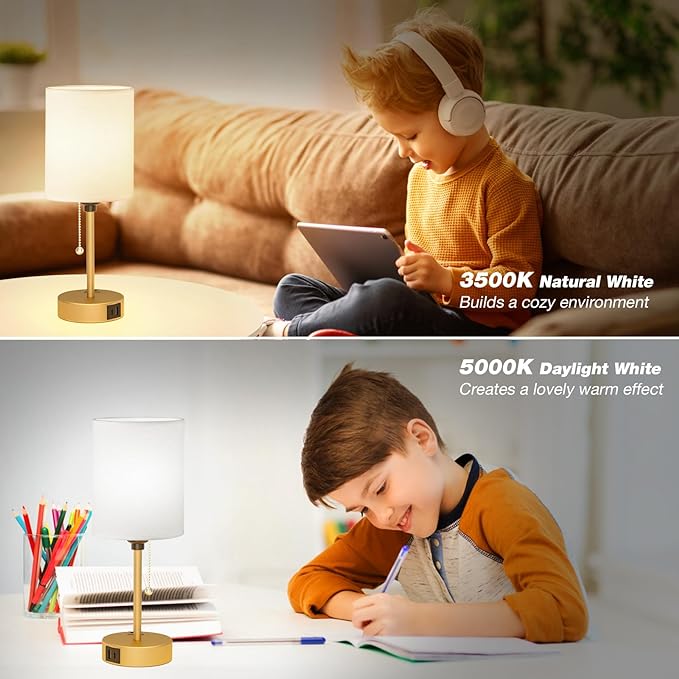 Dicoool Small Bedside Lamps 3 Color Modes - 2700K 3500K 5000K Bedroom Lamps with USB C and A Ports, Pull Chain Gold Table Lamps with AC Outlet, Nightstand Lamps with Gold Metal Base for Kids Reading - LeafyLoom