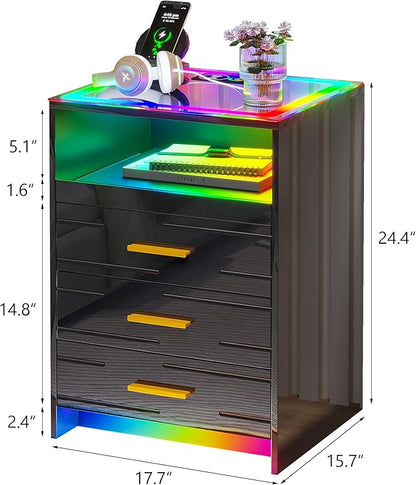 HNEBC High Gloss Nightstand with Wireless Charging Station, Smart Night Stand with RGB Dynamic Lighting, Modern Bed Side Table with Drawers Sliding Tray, Glass Tabletop,Motion Sensor Lights (C Black) - LeafyLoom