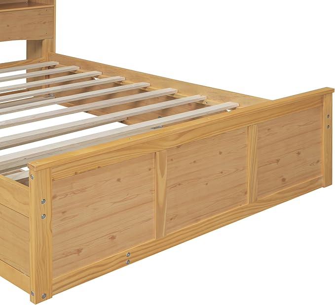 Full Size Wood Pltaform Trundle and 3 Drawers/Upper Shelves,Multifunctional Storage Bed Frame,W/a Set of USB Ports & Sockets,for Apartment,Bedroom,Living Room,Natural - LeafyLoom