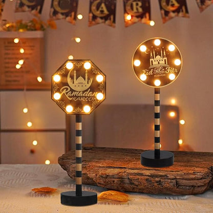 Vanthylit 2 Pack Ramadan Decorations for Home, Wooden Ramadan Mubarak Table Centerpiece Lights, Eid Mubarak Crafts Night Light Battery Powered Islamic Muslim Gifts for Party Desk Decor - LeafyLoom