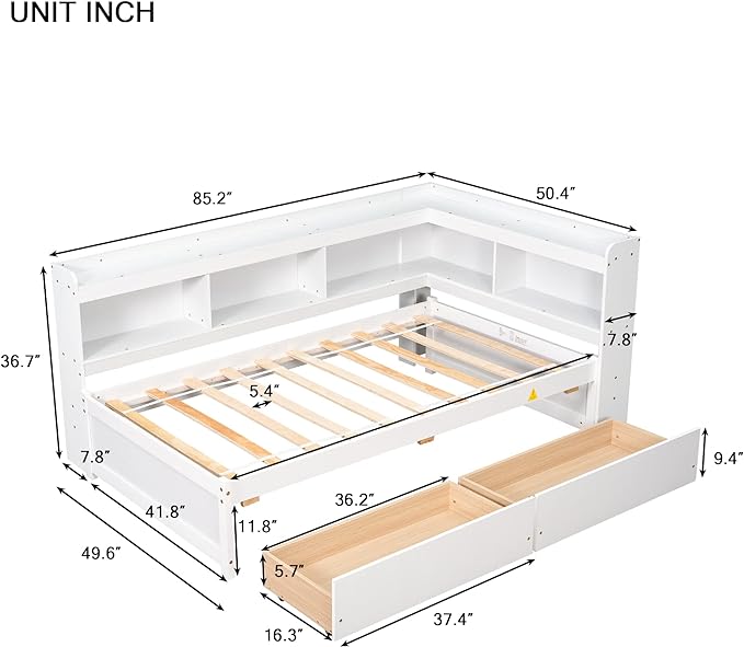 Twin Size Platform 2 Storage Drawers and L-Shaped Bookcases, Wooden Captain Bed Daybed Frame with Headboard for Bedroom, Living Room, White - LeafyLoom