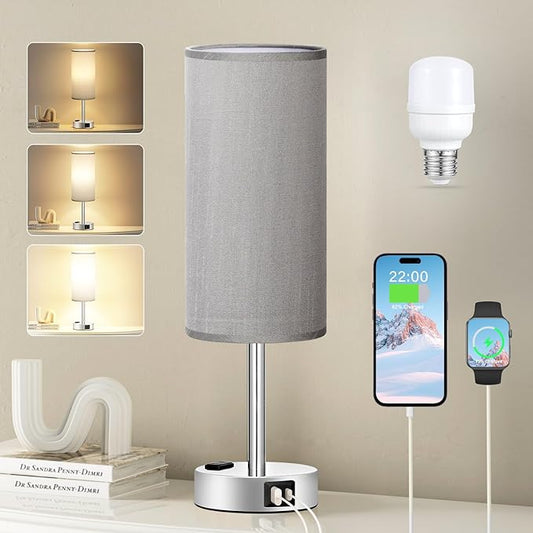 Grey Nightstand Table Lamp for Bedroom - 3 Way Dimmable Bedside Lamp USB C A Charging Ports and AC Outlet, Small Table Lamp Silver Base for Living Room, Office Desk, LED Bulb Included - LeafyLoom