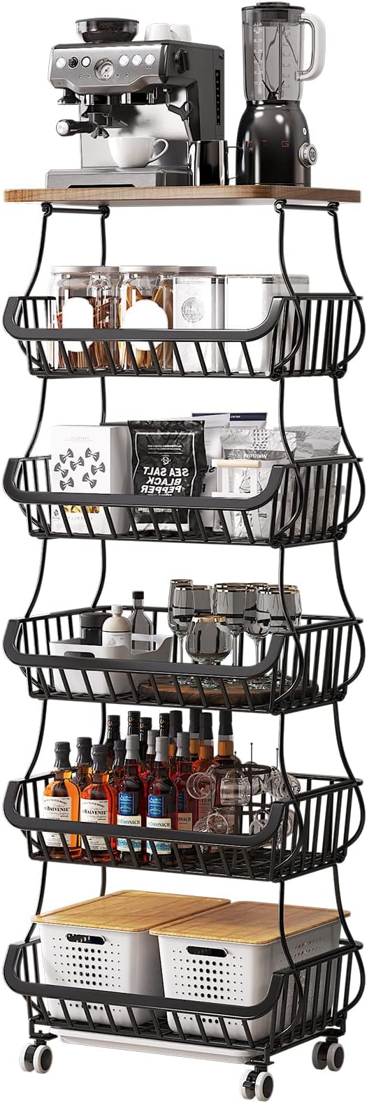 Wisdom Star 6 Tier Fruit Vegetable Basket for Kitchen with Wooden Tabletop, Storage Cart Vegetable Basket Bins for Onions and Potatoes, Wire Storage Basket Organizer Utility Cart with Wheels, Black - LeafyLoom