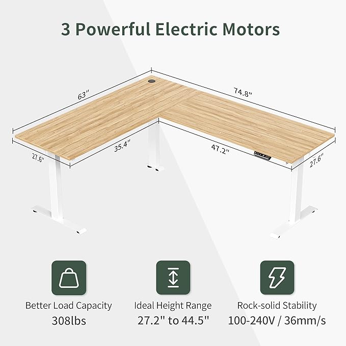 FEZIBO 75 Inches Triple Motor L Shaped Standing Desk Reversible, Electric Height Adjustable Corner Stand up Desk, Sit Stand Desk Computer Workstation, White Frame/Natural Top - LeafyLoom