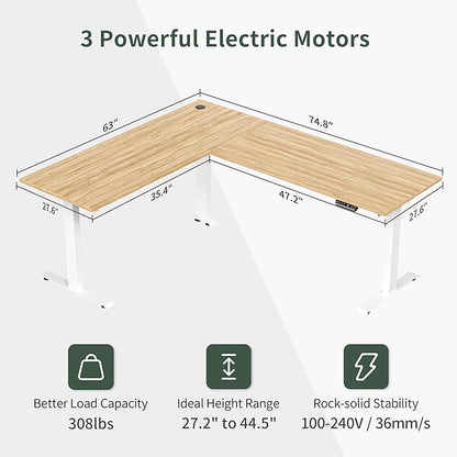 FEZIBO 75 Inches Triple Motor L Shaped Standing Desk Reversible, Electric Height Adjustable Corner Stand up Desk, Sit Stand Desk Computer Workstation, White Frame/Natural Top - LeafyLoom