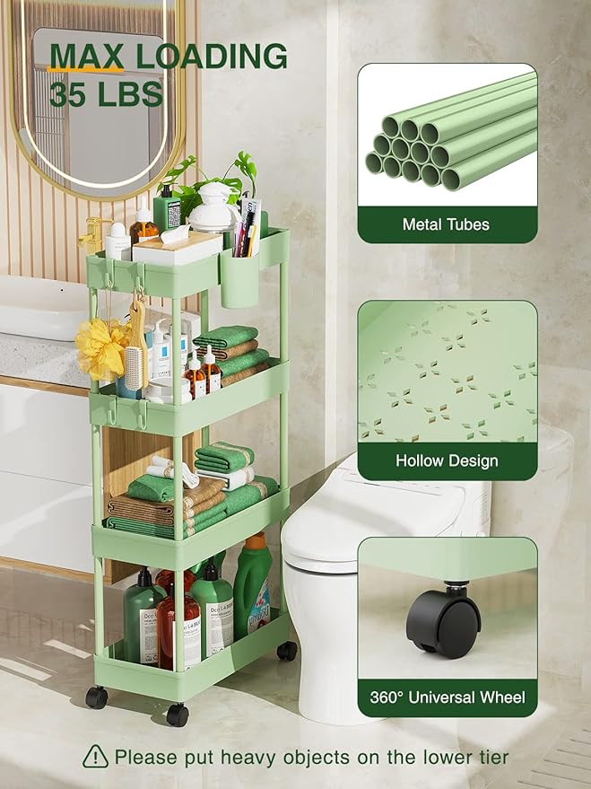 LEHOM Slim Rolling Storage Cart - 4 Tiers Bathroom Organizer Utility Cart Slide Out Storage Shelves Mobile Shelving Unit for Kitchen, Bedroom, Office, Laundry Room, Small Narrow Spaces, Green - LeafyLoom