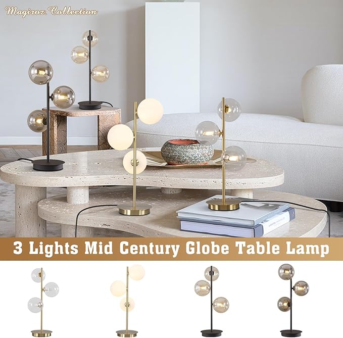 Mid Century Gold Globe Table Lamp Modern Golden Desk Reading Lamp Contemporary Brass Metal Nightstand Lamp with Clear Glass Shade Bedside Lamp for Bedroom Study Room Office MTL03-C - LeafyLoom