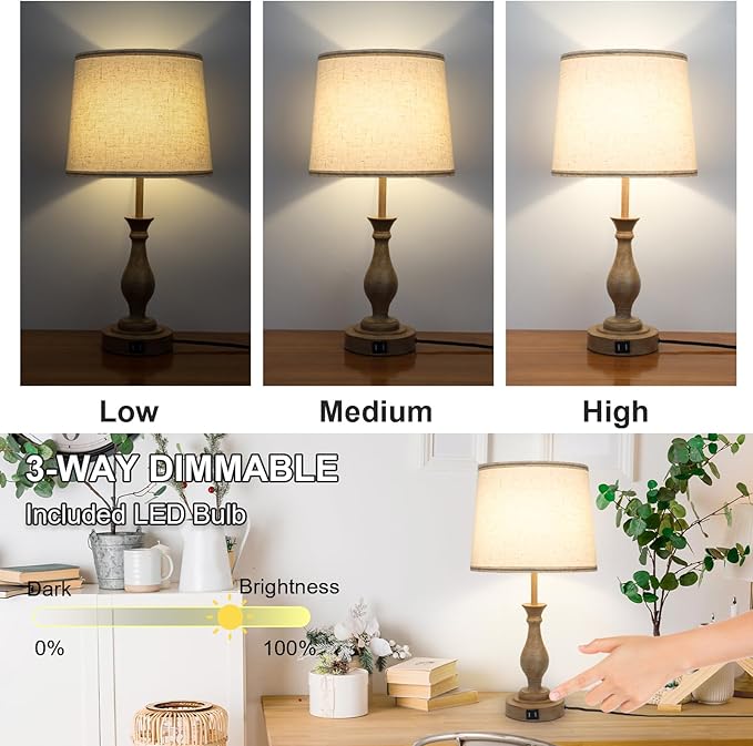 Touch Lamps for Bedrooms Set of 2, Farmhouse Table Lamp with Dual USB Charging Ports, 3 Way Dimmable Nightstand Lamps with Linen Fabric Lampshade for Bedroom, Living Room (Pack2-01A) - LeafyLoom