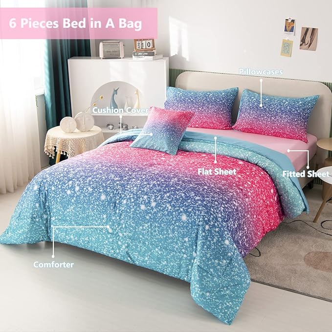 PERFEMET 6Pcs Pink Full Size Comforter Sets for Girls Colorful Rainbow Glitter Kids Bedding Set Sparkly Pastel Ombre Teen Girl Bed in A Bag Comforter Set with Sheets (Pink Blue, Full) - LeafyLoom