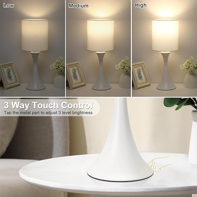 Modern Table Lamps, 3 Way Touch Control Table Lamp, Dimmable Desk Lamp, White Nightstand Lamp with Fabric Shade, Small Bedside Lamp for Living Room, Dorm,Home Office, LED Bulb Included - LeafyLoom