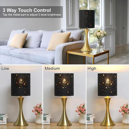 Touch Lamp for Bedroom, 3 Way Dimmable Gold Table Lamp with Black Starry Shade, Decorative Nightstand Lamp Ambient Beside Light for Living Room, Guest Room, Office 3000K LED Bulb Included - LeafyLoom