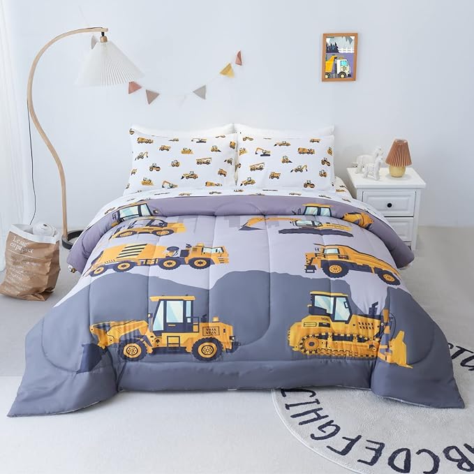 Twin Size Comforter Set for Boys, 4-Piece Bed in a Bag, 3D Construction Bedding Comforter Sheet Set, Ultra Soft and Fluffy, Cartoon Truck Cars - LeafyLoom