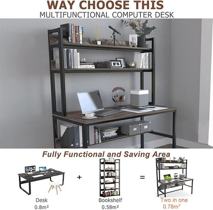 Aquzee Desk with Hutch Bookshelves, Computer Desk with 3 Tiers Storage Shelves, Space Saving Design Black Metal Legs Desk with Grey Board, Easy Assemble - LeafyLoom