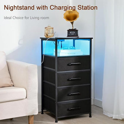 Nightstands Set of 2, Large End Tables Living Room, Bed Side Tables with Charging Station, 30" Tall Night Stand with 4 Fabric Drawers and LED Light Strip for Bedroom FBAHNS014BK - LeafyLoom