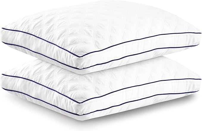 Lux Decor Collection Gusseted Pillows - Set of 2 King Size Pillows - Comfortable Breathable Bed Pillows for Sleeping - Side, Back and Stomach Sleepers (Navy Piping,18x36) - LeafyLoom