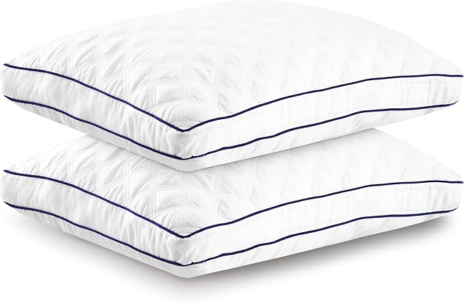 Lux Decor Collection Gusseted Pillows - Set of 2 Queen Size Pillows - Comfortable Breathable Bed Pillows for Sleeping - Side, Back and Stomach Sleepers (Navy Piping,18x26) - LeafyLoom