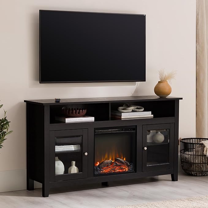 Walker Edison Glenwood Rustic Farmhouse Glass Door Highboy Fireplace TV Stand for TVs up to 65 Inches, 58 Inch, Black - LeafyLoom