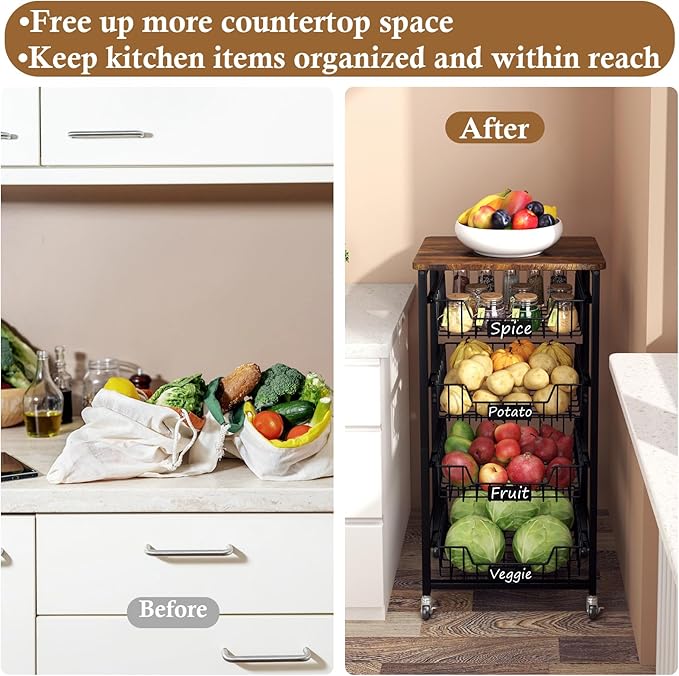 Fruit Basket, 5-Tier Utility Kitchen Organizer and Storage Cart with Pull-Out Baskets and Wood Top, Rolling Pantry Kitchen Cart on Wheels for Fruit Potato Onion Vegetable Snack Produce - LeafyLoom