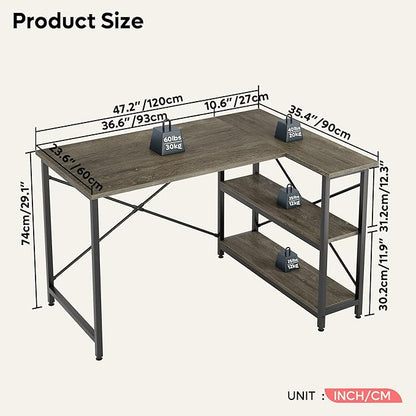 Bestier Small L Shaped Desk with Storage Shelves 47 Inch Corner Computer Desk Writing Study Table for Home Office Small Space, Gray - LeafyLoom