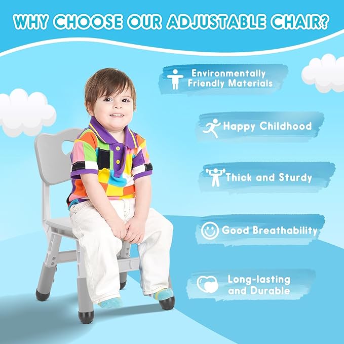 Kids Chair Height Adjustable Toddler Chair Max Load 220LBS Plastic Indoor Outdoor Chair for Children Age 1-6 School Home Daycare Use Grey - LeafyLoom