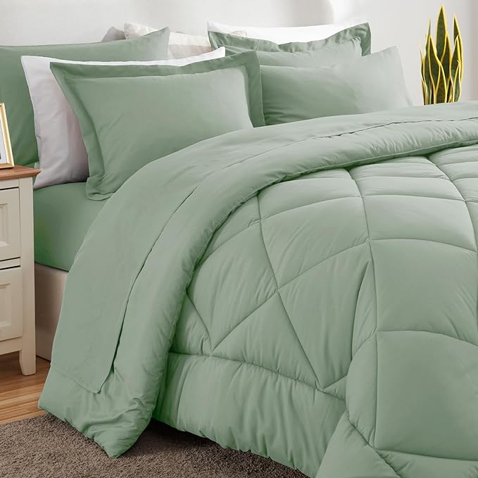 CozyLux Queen Comforter Set with Sheets 7 Pieces Bed in a Bag Sage Green All Season Bedding Sets with Comforter, Pillow Shams, Flat Sheet, Fitted Sheet and Pillowcases - LeafyLoom