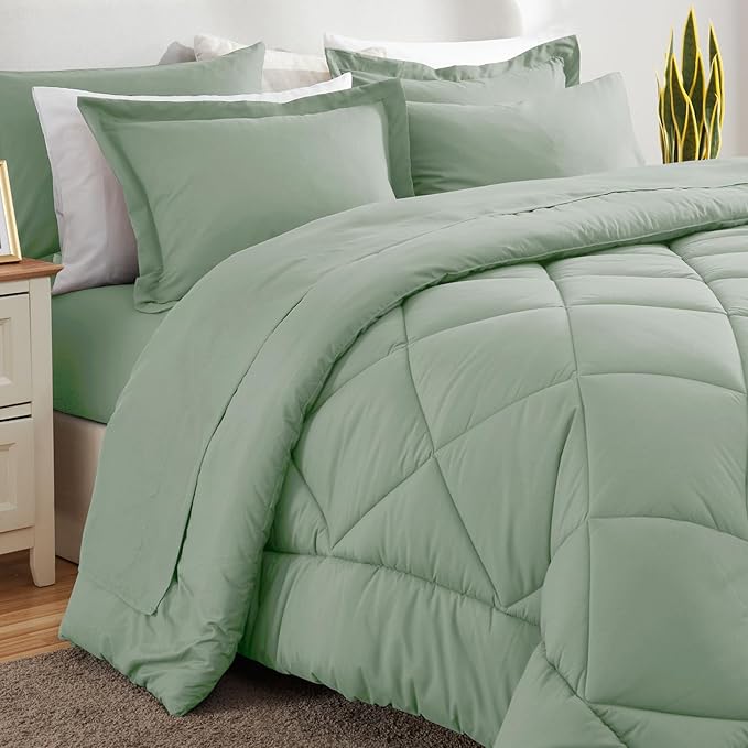 CozyLux Twin Comforter Set with Sheets 5 Pieces Bed in a Bag Sage Green All Season Bedding Sets with Comforter, Pillow Shams, Flat Sheet, Fitted Sheet and Pillowcases - LeafyLoom