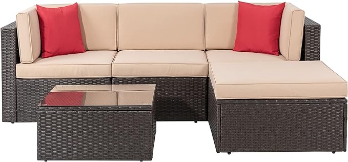 Shintenchi 5 Pieces Patio Furniture Sets Outdoor All-Weather Sectional Patio Sofa Set PE Rattan Manual Weaving Wicker Patio Conversation Set with Glass Table&Ottoman Cushion and Red Pillows - LeafyLoom