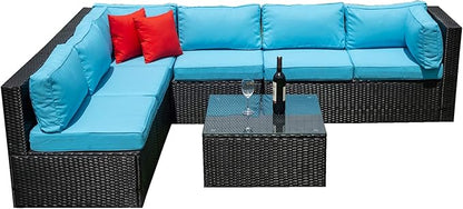 5 Pieces Outdoor Furniture PE Rattan Patio Sectional U Shaped Conversation Sofa Set with Table and 2 Pillows for Garden, Yark, Lawn, Backyard, Onesize, Black Wicker+Blue Cushion - LeafyLoom