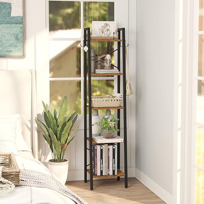 YMYNY 5 Tiers Ladder Bookcase, Industrial Narrow Bookshelf, Open Display Rack with 4 S Hooks, Metal Storage Shelves for Bedroom, Home Office, Living Room, Rustic Brown, 63H*13.4L*11.8W, UHBC025H - LeafyLoom