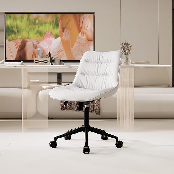 Kidol & Shellder Armless Office Chair Desk Chair Comfy Makeup Vanity Chair with Back Ergonomic Swivel Chair Home Office Desk Chairs with Wheels Rolling Computer Chair Bedroom Accent Chair(White) - LeafyLoom