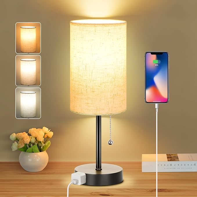 Dott Arts Table Lamp for Bedroom, 3-Color Bedside Lamps with Pull Chain, Bedroom Table Lamps for Nightstand,Small Lamp for Living Room, Bulb Included - LeafyLoom