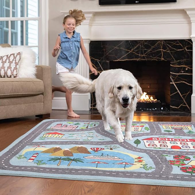 Playroom Rug Play Carpet 4’ x 6’, Blue Large Educational Children’s Play Mat, Learning & Have Fun Safely Non-Slip Washable Road Traffic Floor Area Carpet, Great for Kids Room Bedroom - LeafyLoom