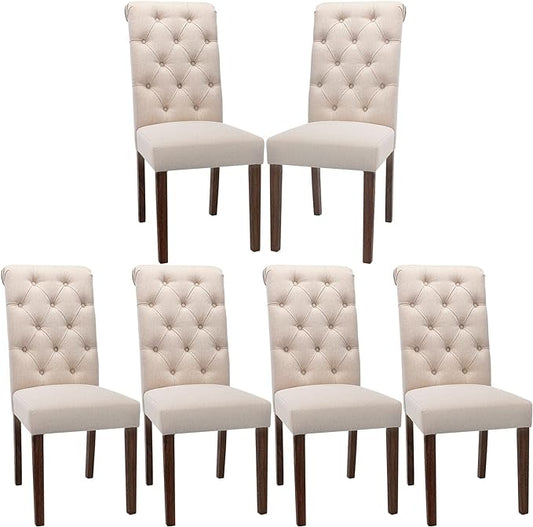 COLAMY Button Tufted Dining Chairs Set of 6, Accent Parsons Diner Chair Upholstered Fabric Dining Room Chairs Stylish Kitchen Chairs with Solid Wood Legs and Padded Seat - Dark Beige - LeafyLoom