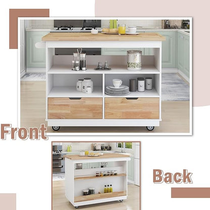 RITSU Kitchen Island Cart with Storage, Two-sided Rolling Bar Storage Cabinet Organizer on Wheels Wooden Top, Portable Movable Table w/Wine and Spice Rack, 2 Drawers, for Dining Room, White - LeafyLoom